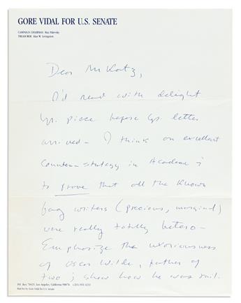 GORE VIDAL (1925-2012) Archive of 13 Autograph Letters Signed, GVidal or GV, to historian Jonathan Ned Katz.